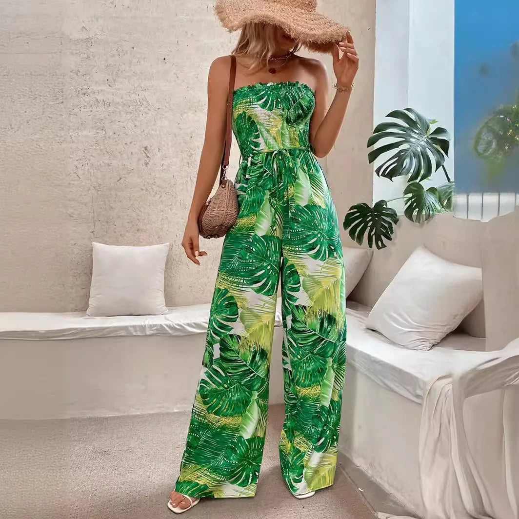 Macacão Longo Sexy Boho Estampado Sem Mangas Arasco