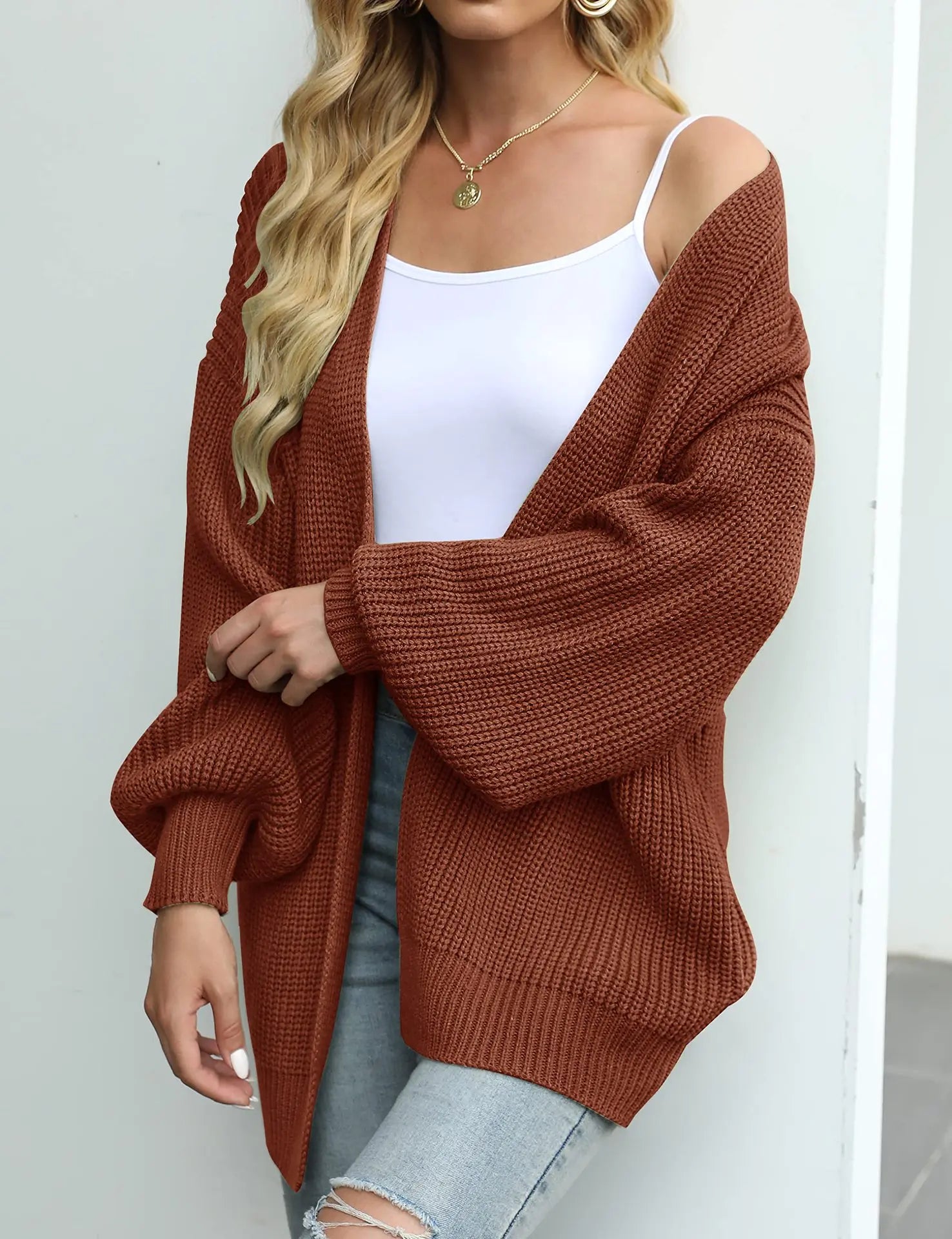 Cardigan Feminino Manga Lanterna Agulha Grossa Outono Inverno Arasco