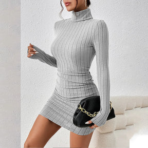 Vestido Tricô Feminino Outono Inverno Manga Longa Decote Alto Justo Mini Arasco