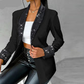 Blazer Feminino Elegante Casual Cor Sólida Manga Longa Gola Entalhada Lantejoulas Arasco