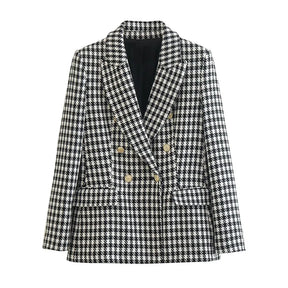 Blazer Feminino Vintage Trespassado Pied-de-Poule Manga Longa Bolsos Arasco