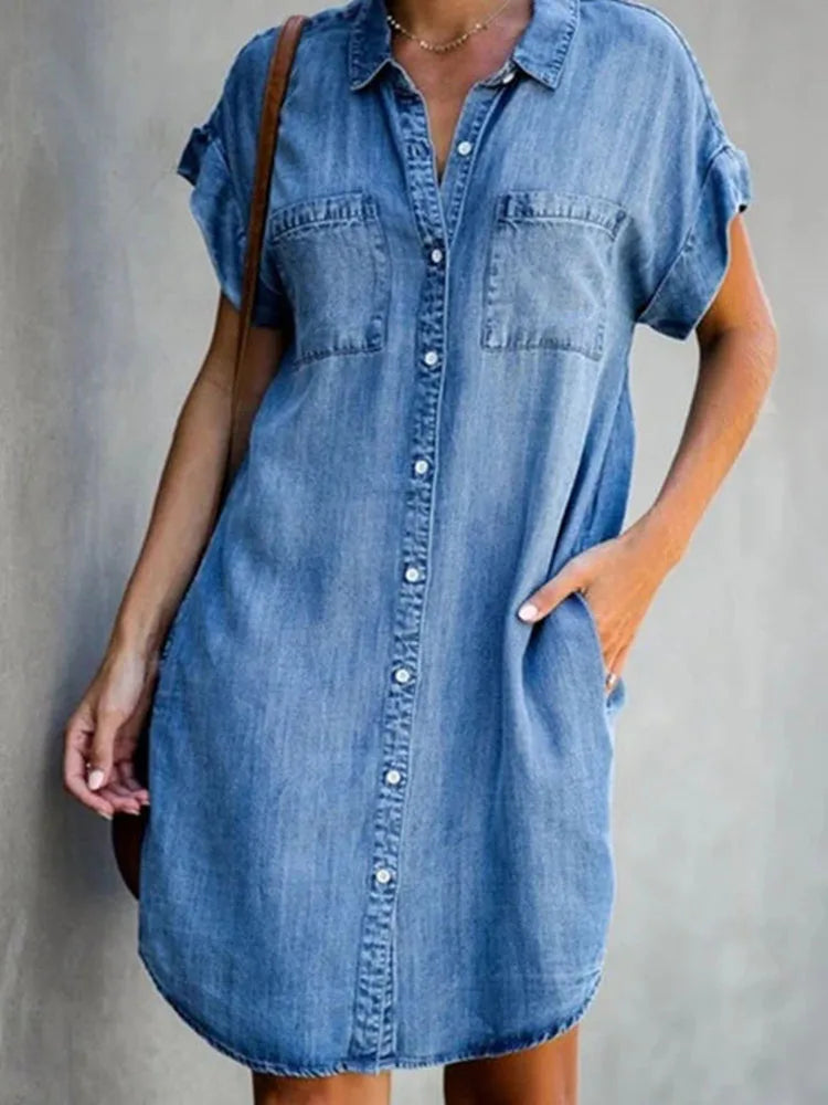 Vestido Camisa Jeans Feminino Verão Botão Único Casual Solto Retro Com Bolsos Arasco