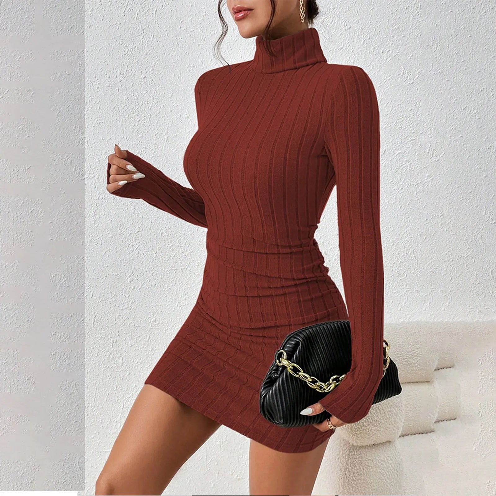 Vestido Tricô Feminino Outono Inverno Manga Longa Decote Alto Justo Mini Arasco