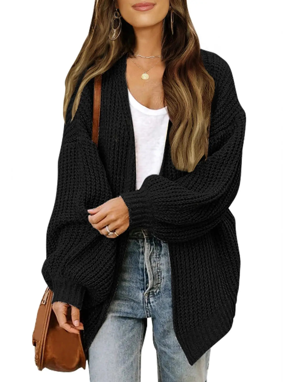 Cardigan Feminino Manga Lanterna Agulha Grossa Outono Inverno Arasco