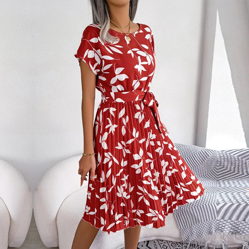 Vestido Feminino Primavera Verão Manga Curta Cintura Alta Floral Plissado Arasco