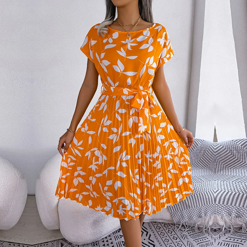 Vestido Feminino Primavera Verão Manga Curta Cintura Alta Floral Plissado Arasco